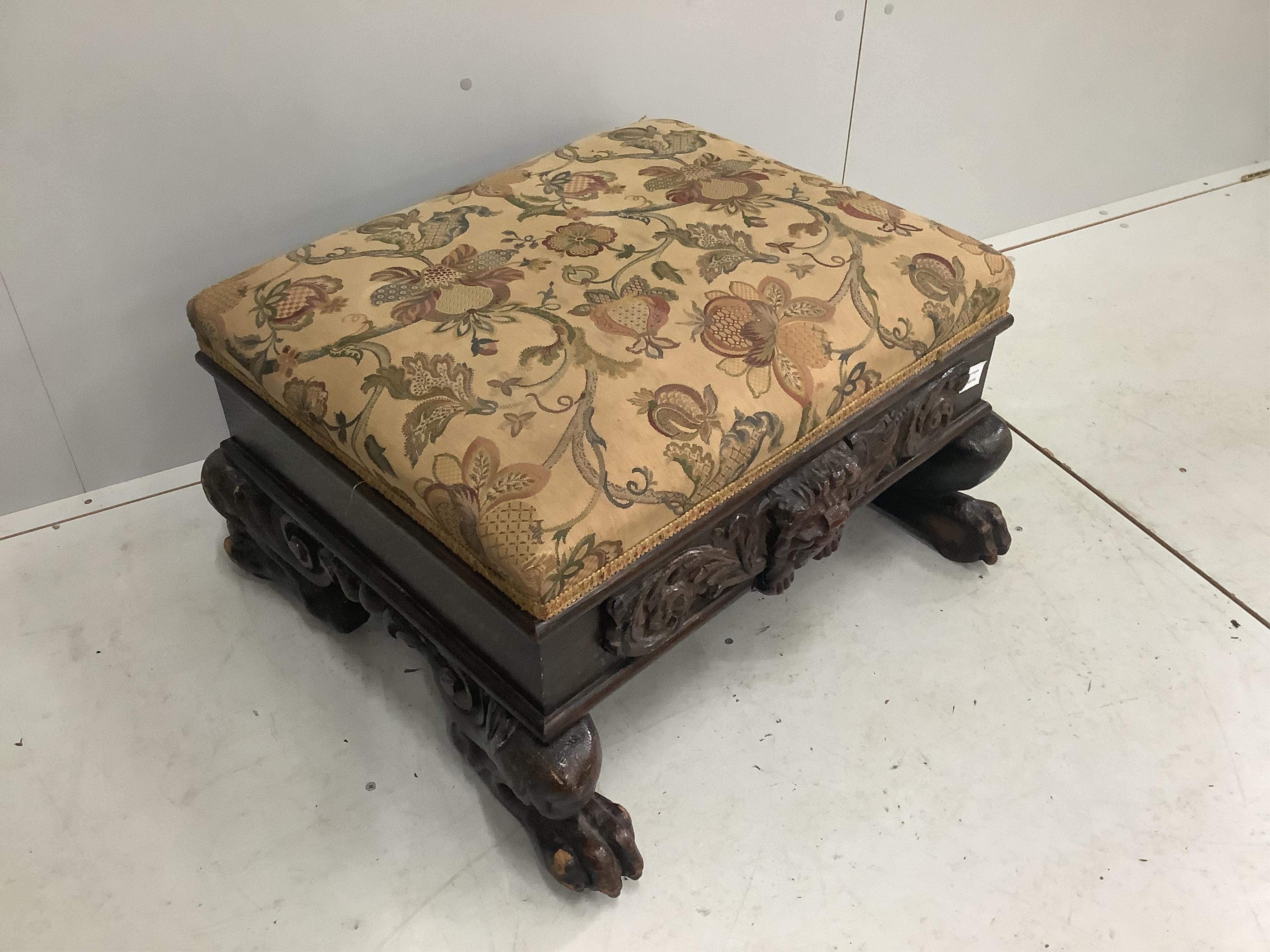 A Victorian oak rectangular topped stool, width 74cm, depth 66cm, height 44cm. Condition - fair